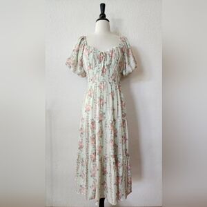 Floral Puff-Sleeve Maxi Dress in Light Mint and Pink